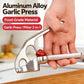Handheld aluminum garlic press with curved lever and perforated squeezing plate