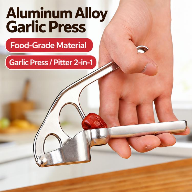 Handheld aluminum garlic press with curved lever and perforated squeezing plate