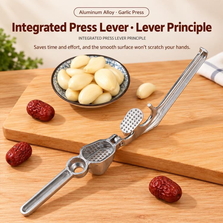 Lever-style garlic press with perforated plate for mincing, placed on wooden board