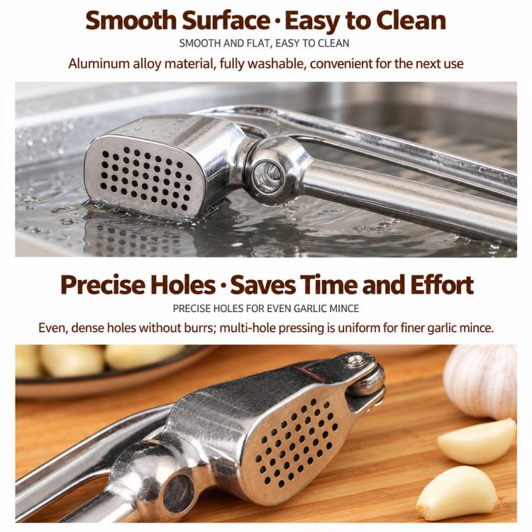 Stainless garlic press head with perforated plate for even mincing and easy cleaning
