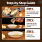 Garlic press operation steps shown: insert clove, squeeze handle, collect minced garlic