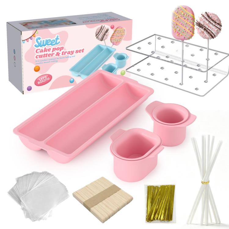 Pink lollipop cake pop cutter kit with tray, cup molds, skewers, and accessories