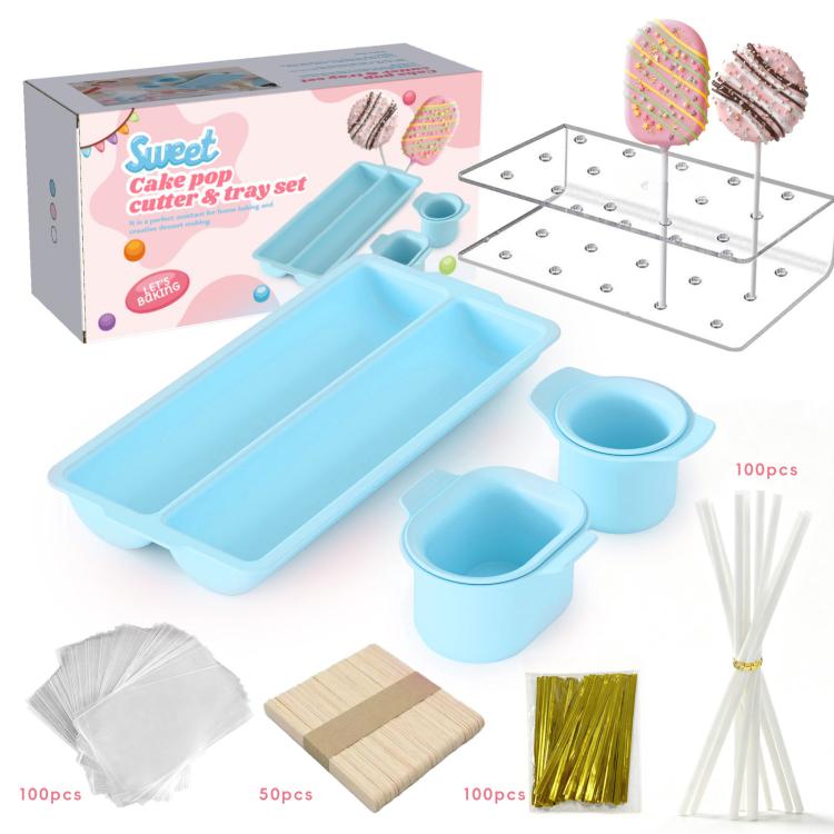 Blue lollipop cake pop cutter kit with tray, cup molds, skewers, and accessories