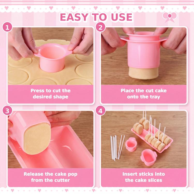 Pink lollipop cake pop cutter set showing press-and-release steps with mold