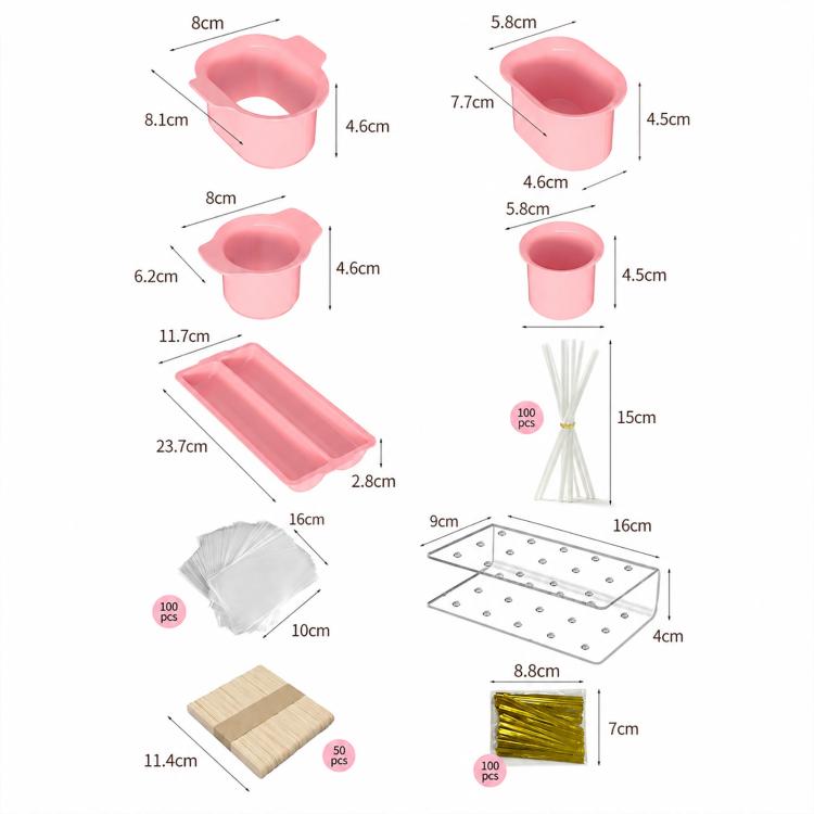 Pink lollipop cake pop mold kit with tray, cup cutters, skewers, and size diagram