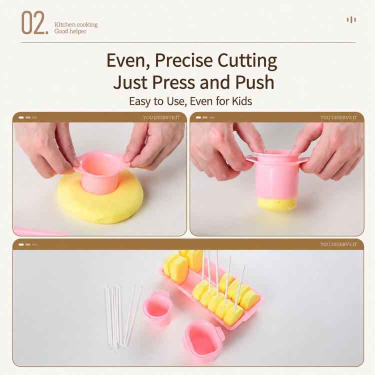 Lollipop cake pop cutter kit showing press-and-push cutting with molds and skewers