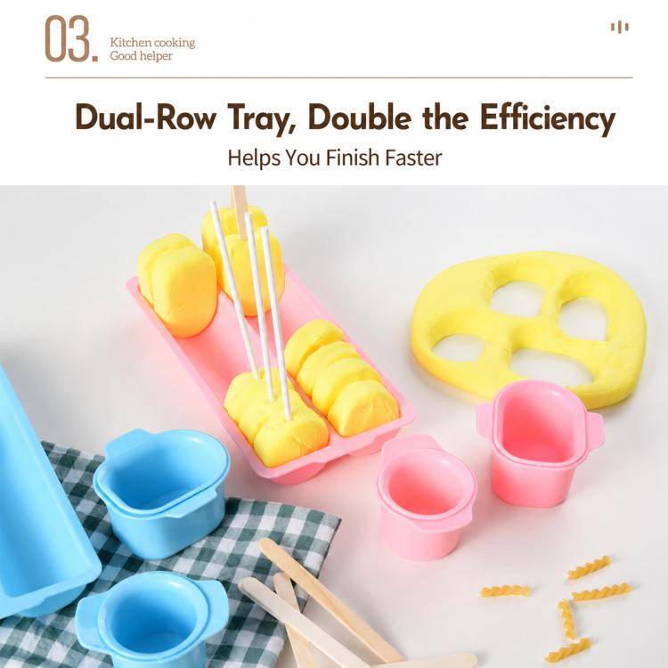 Dual-row lollipop cake pop tray with cup molds, stick skewers, and shaped pops