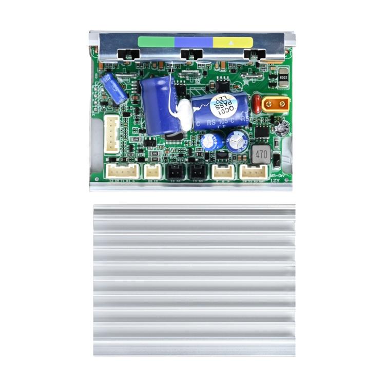 Electric scooter controller circuit board with blue capacitors and multi-port header