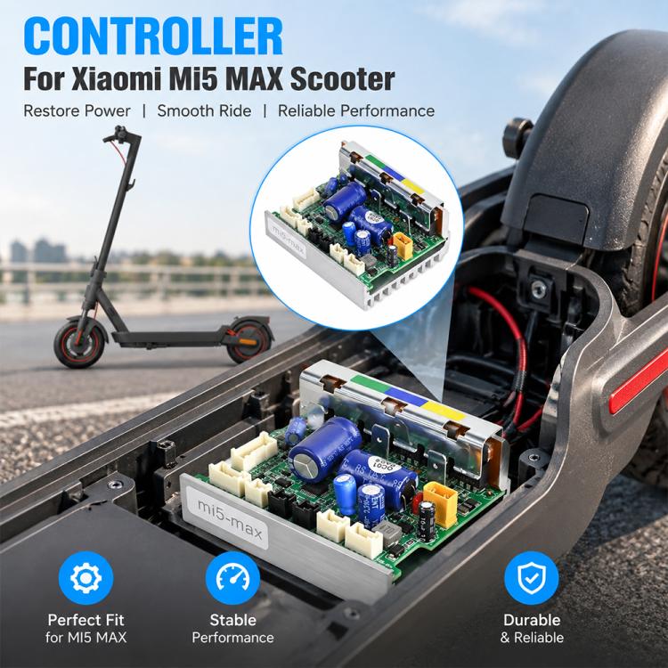 Electric scooter controller installed in open scooter, showing PCB and blue capacitors