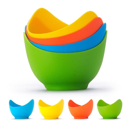 Silicone egg poacher cups set, stacked green, orange, blue, and yellow cups
