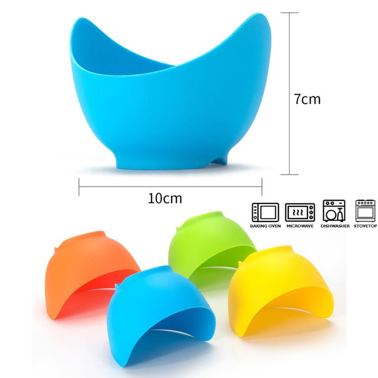 Blue silicone egg poacher cup with size markings, plus multicolor cup set
