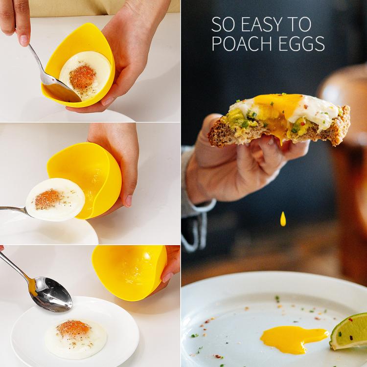 Yellow silicone egg poacher cup serving poached egg from a spoon