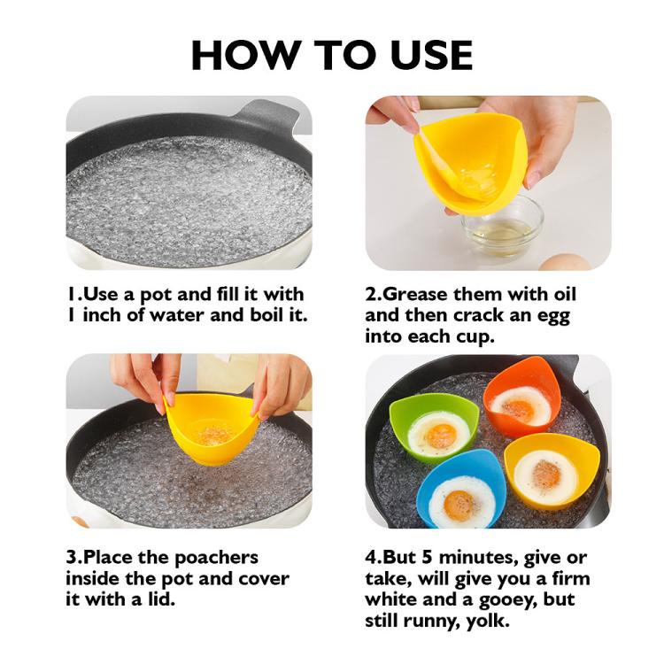 Silicone egg poacher cups in use, greased cups filled with eggs for cooking