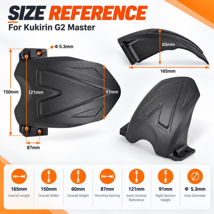 Black front fender size reference with dimension lines and mounting points