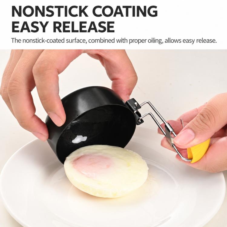 Hands placing an egg into a black nonstick egg poacher with folding handle