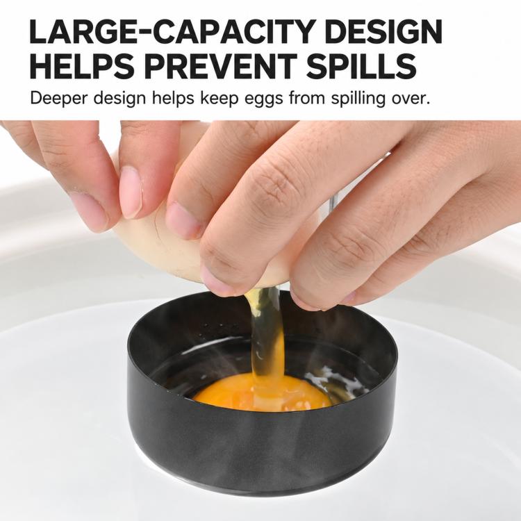 Black egg poacher with handle releasing liquid egg mixture; nonstick bowl design