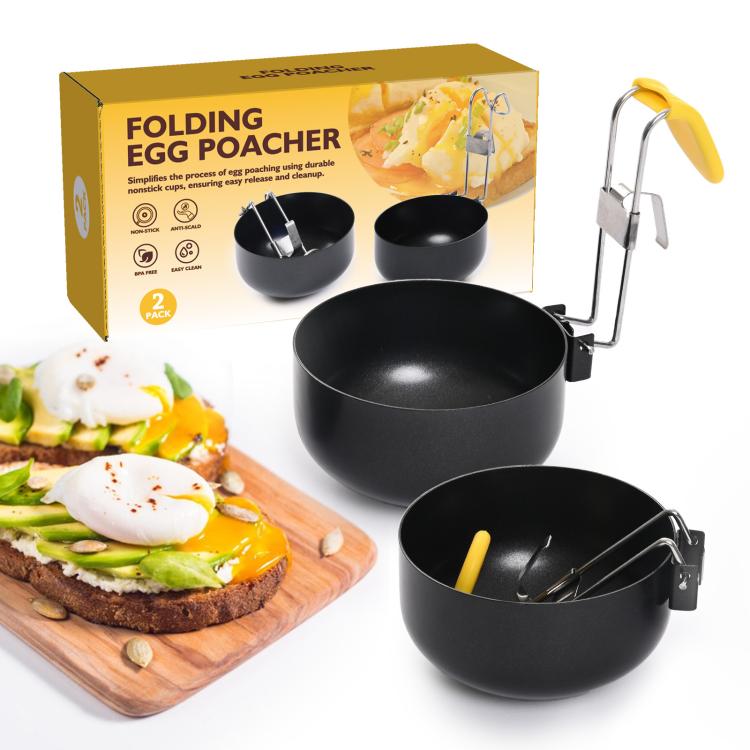 Folding egg poacher set: two black nonstick bowls with yellow silicone handles in box
