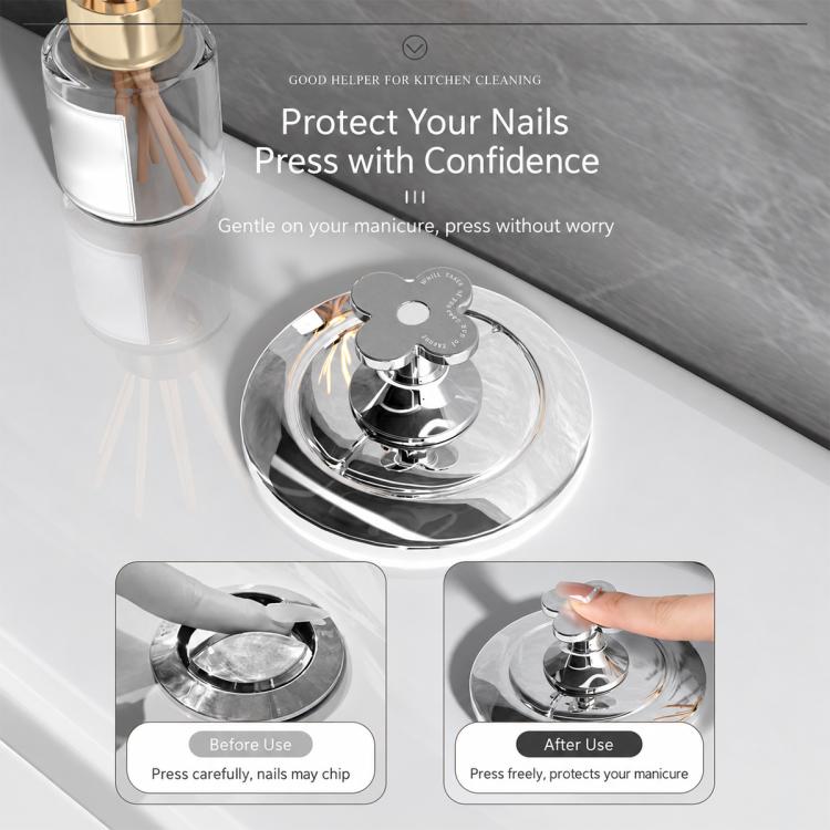 Silver flower-shaped toilet flush button pusher with center hole and pedestal base