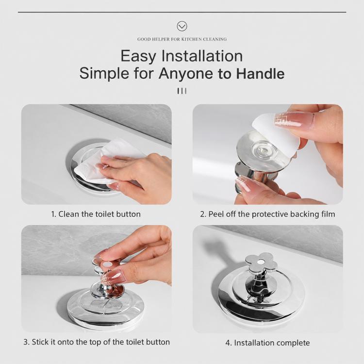 Silver flower toilet flush button pusher being installed on a toilet