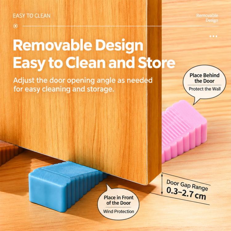 Ribbed PVC door stopper shown at door edge, blue and pink pieces