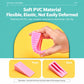 Pink ribbed PVC door stopper held by hand, textured serrated surface