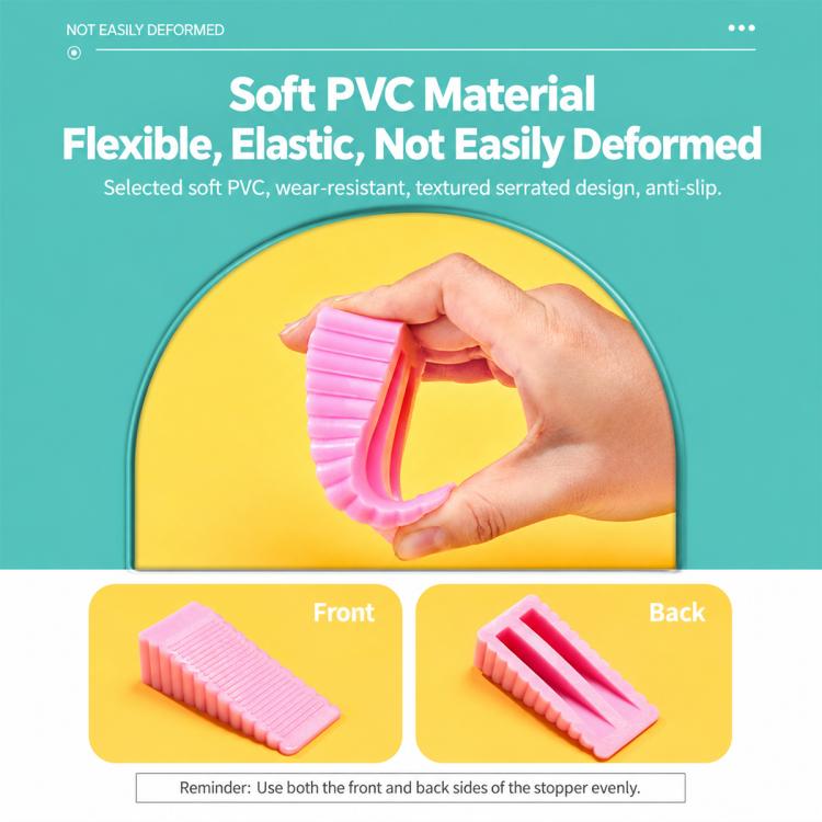 Pink ribbed PVC door stopper held by hand, textured serrated surface