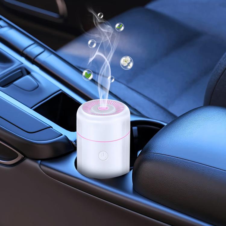 White mini car humidifier and air freshener with top mist vent and power button