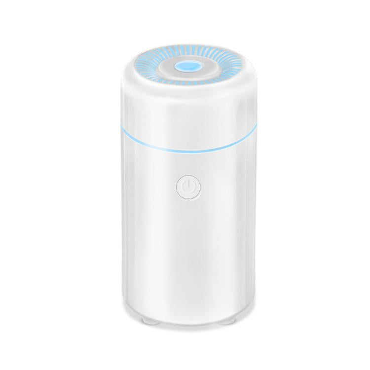 White cylindrical car humidifier and air freshener with blue-lit mist top and power button