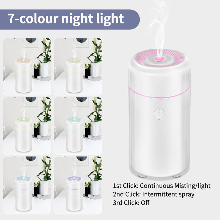 White mini car humidifier and air freshener with pink night light ring on top