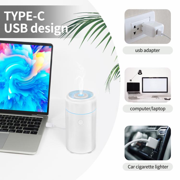 White cylindrical USB car humidifier and air freshener with glowing blue mist top