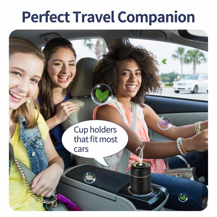 Black travel car air freshener humidifier with circular top vent and mist indicator
