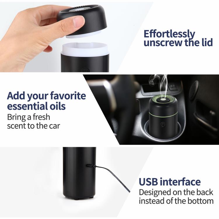 Black mini car humidifier and air freshener with removable lid and power button