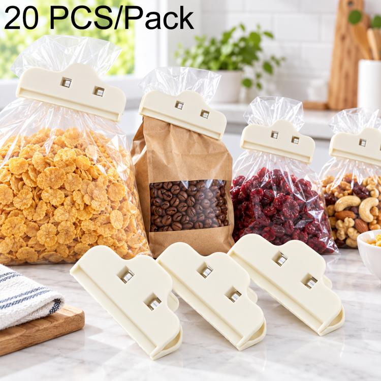Beige plastic food sealing clips with snap clamp, 20-pack