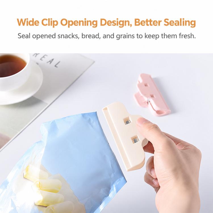 Pink and beige plastic bag sealing clips, wide snap clamp design