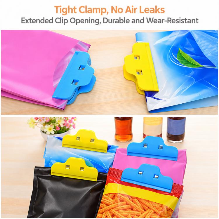 Colorful plastic bag sealing clips with tight clamp grip, snap style