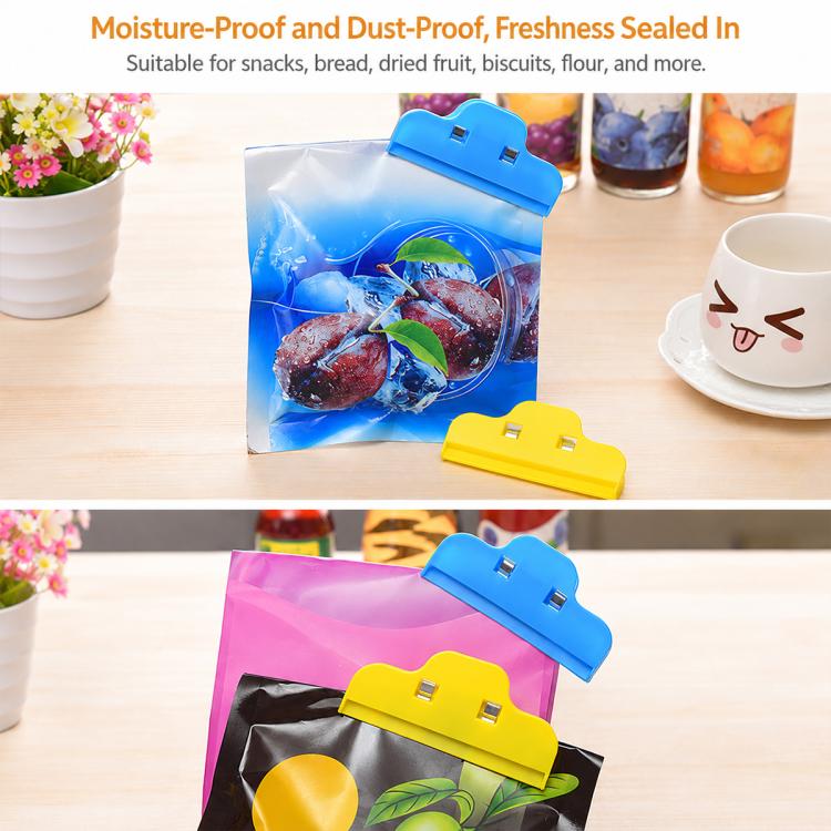 Moisture-sealing plastic food clips in blue, yellow, and purple