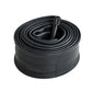 Black bicycle inner tube coil with AV32 valve stem, angled top view