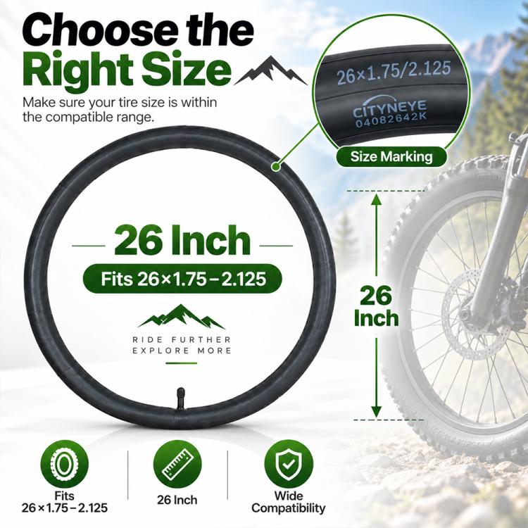 Black 26-inch bicycle inner tube coil with AV32 valve stem, size-marked