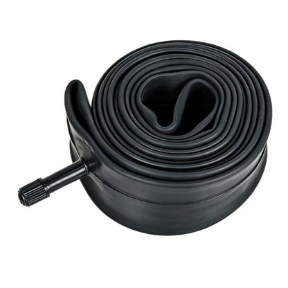 Black bicycle inner tube coiled with attached valve stem