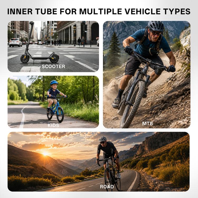 Bicycle inner tube compatibility infographic for scooter, kids, MTB, and road