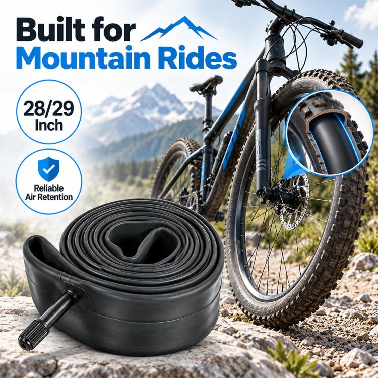 Black bicycle inner tube roll with valve stem, sized for 28/29-inch wheels