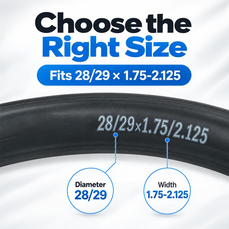 Black bicycle inner tube marked 28/29 x 1.75-2.125 with valve stem