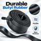 Rolled black bicycle inner tube with valve stem, butyl rubber construction