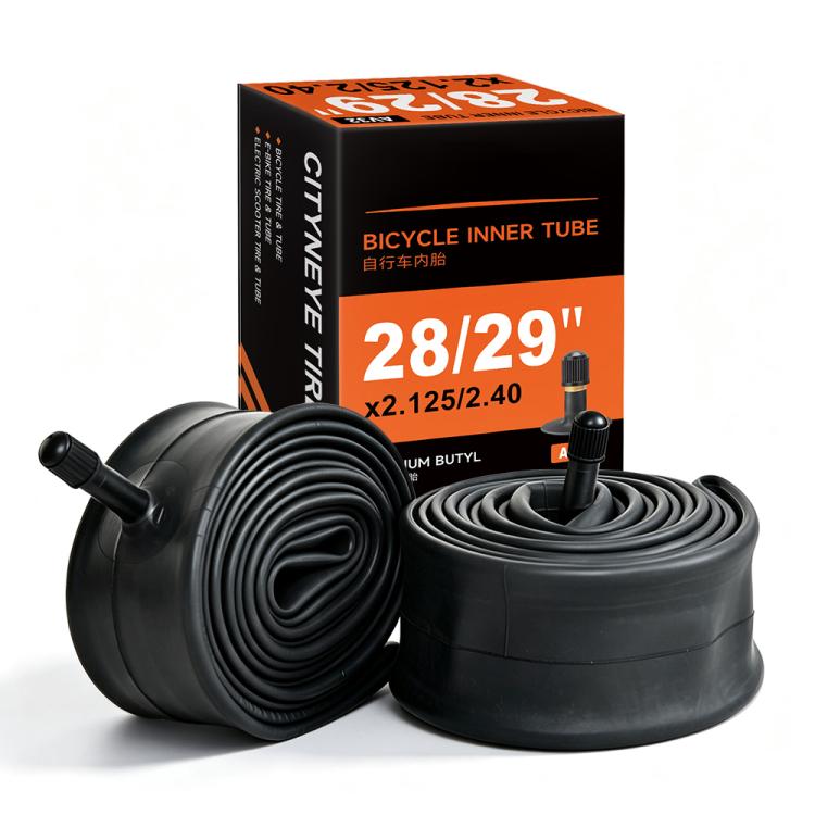 Black bicycle inner tube set with box packaging and valve stem