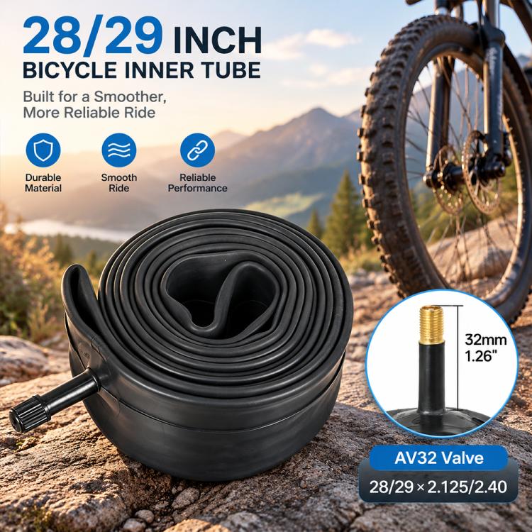 Black 28/29 bicycle inner tube coil with AV32 valve shown