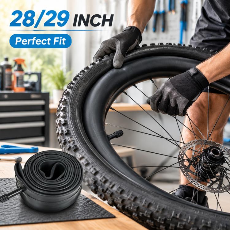 Black bicycle inner tube coil with valve stem on table