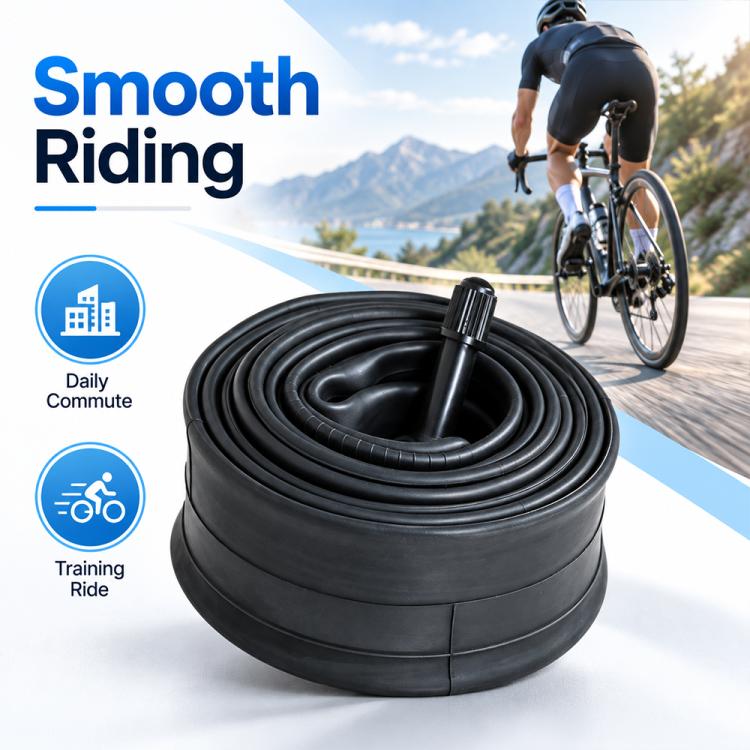 Black coiled bicycle inner tube with valve stem.