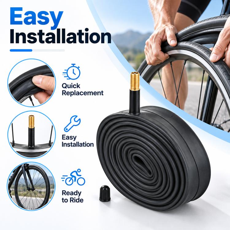 Black bicycle inner tube being installed on wheel rim with valve stem.