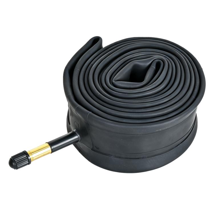 Black 26-inch mountain bike inner tube with American valve stem, rolled