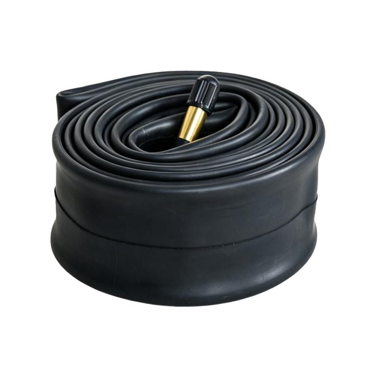 Black rolled bike inner tube with American valve stem, close-up